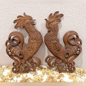 Vintage Searcy Brown Metal Roosters Pair Distressed Farmhouse Kitchen Home Decor